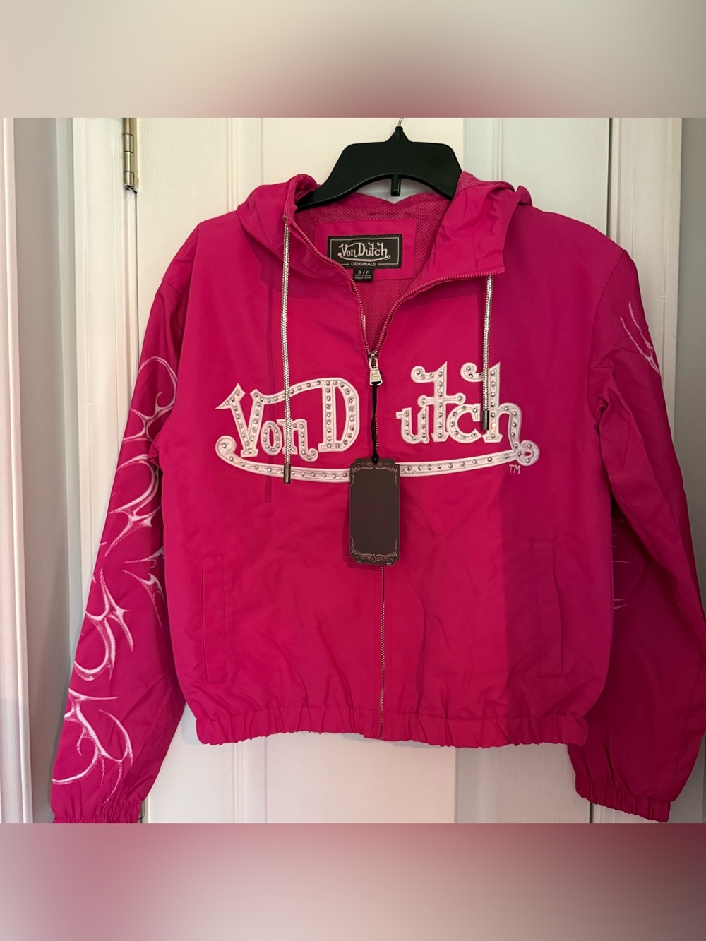 Von Dutch women’s Hot Pink Hooded Zip Bomber Jacket windbreaker small